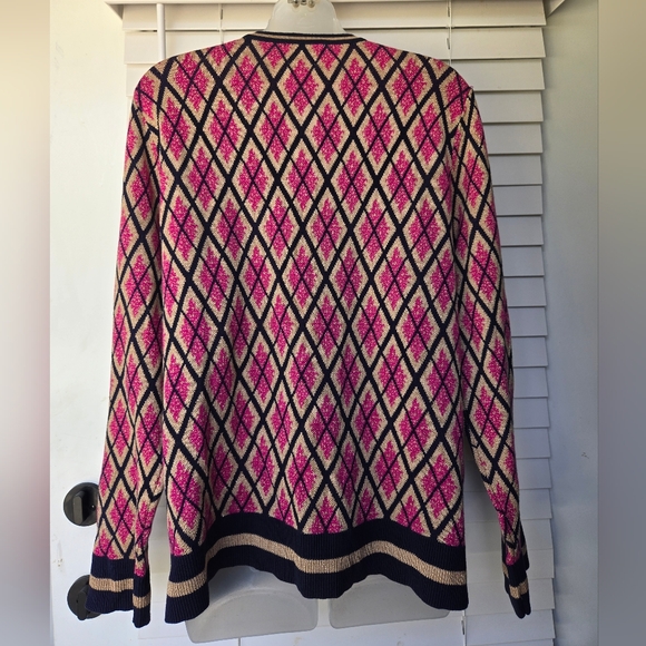 🟣 Charter Club Pink and Navy Argyle Crewneck Cardigan - Picture 3 of 10
